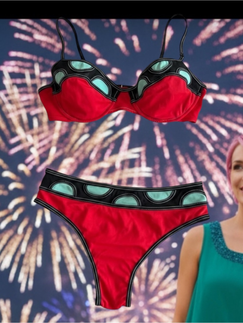 Red and Mint Contrast Bikini Set with Black Trim
